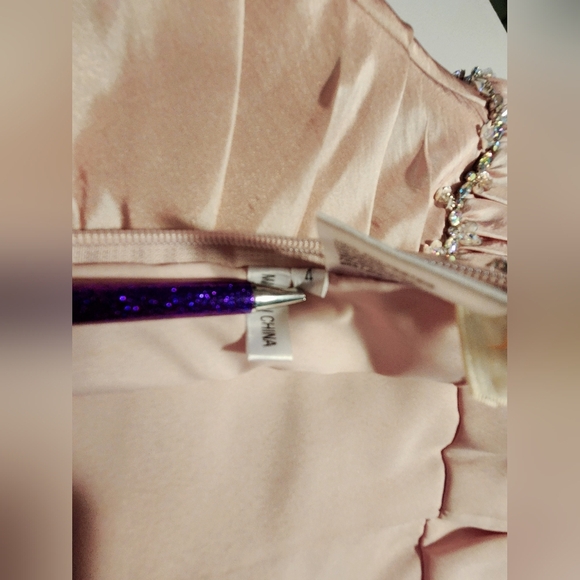 Tiffany Designs Champagne Asymmetrical Ruched Gown - Picture 12 of 13